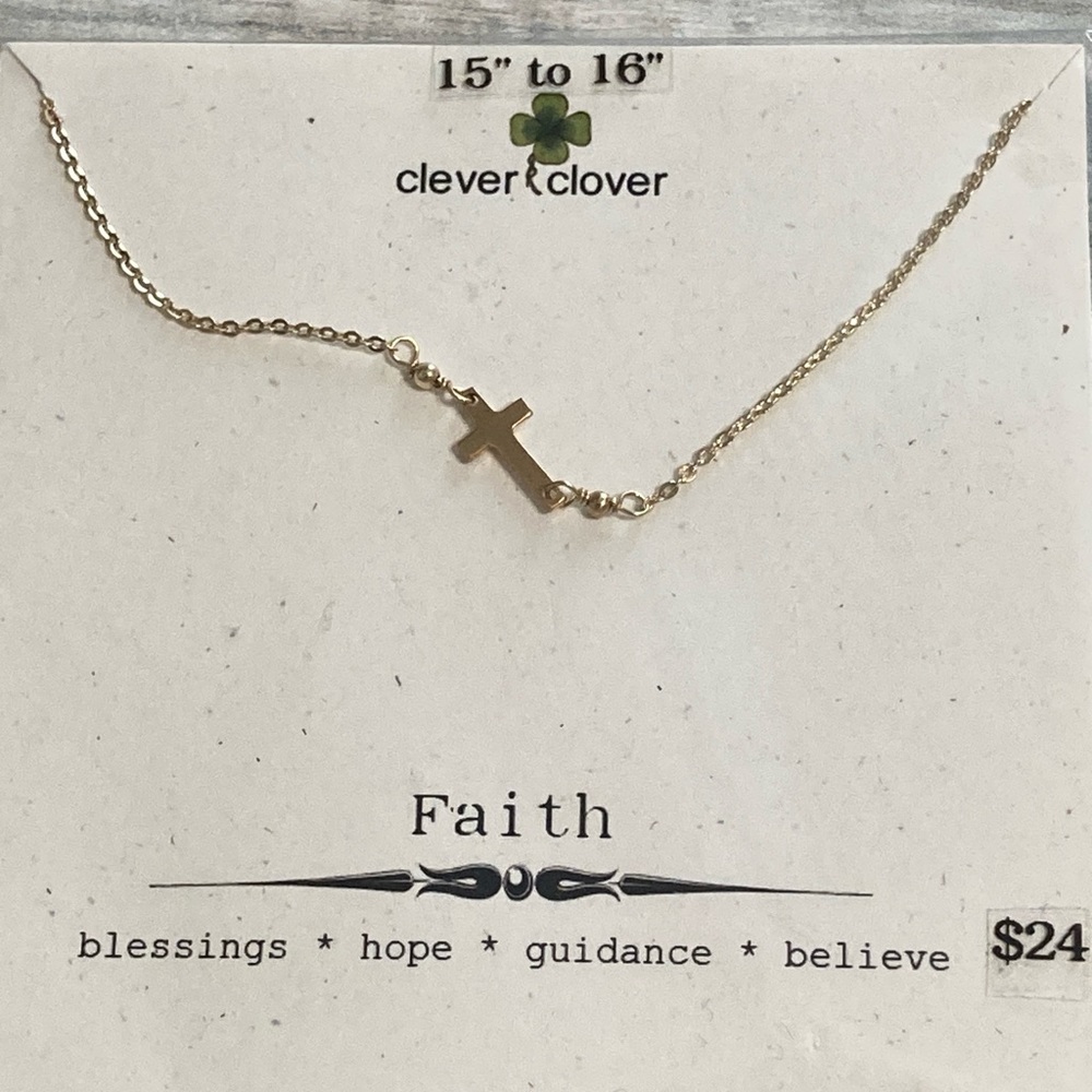 Sideway Cross Dainty Necklace 16" Chain‎ Gold Tone Faith Blessings Hope NEW